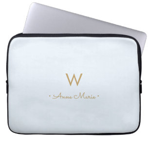 Capa Para Notebook Monograma moderno em azul poeirado claro dourado e