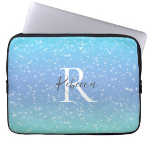 Capa Para Notebook Monograma Nome inicial Blue Green Sparkle Girly