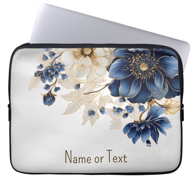 Capa Para Notebook Monograma Nome Marinho Azul Ouro Branco Floral (Frente)