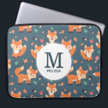 Capa Para Notebook Monograma - Padrão Animal Raposa Laranja-Cuta<br><div class="desc">Bolsa de laptop personalizada com um padrão feito com raposas de laranja bonitinhas e felizes. Fundo verde escuro. Pequenos cogumelos e folhas espalhados. Um círculo branco colocado sobre o topo com seu nome e dentro inicial monograma.</div>