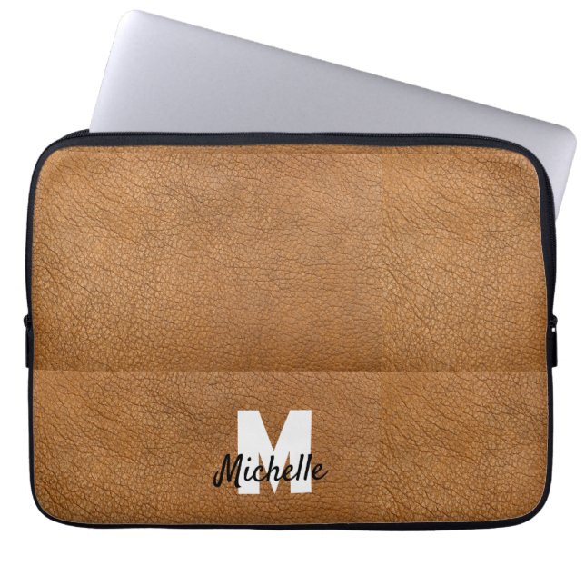 Capa Para Notebook Monograma personalizado de couro castanho (Frente)