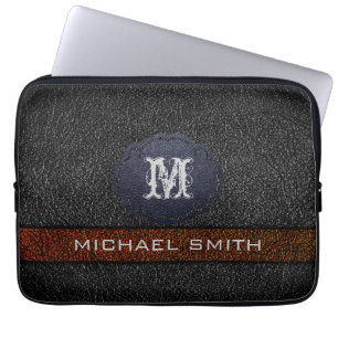 Capa Para Notebook Monograma Personalizado de Couro Marrom e Preto
