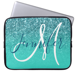 Capa Para Notebook Monograma Personalizado de Glitter Teal de Ombre T