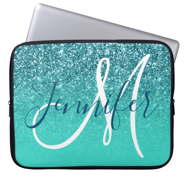 Capa Para Notebook Monograma Personalizado de Glitter Teal de Ombre T (Frente)