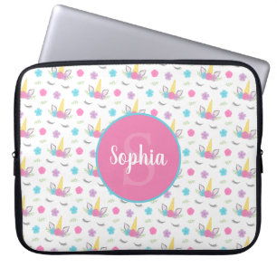 Capa Para Notebook Monograma personalizado do unicórnio cara floral