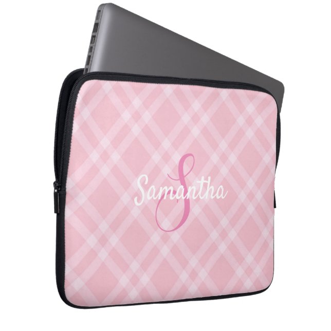 Capa Para Notebook Monograma Personalizado e Nome Xadrez Rosa Gingham (Frente Esquerda)