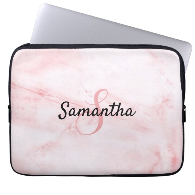 Capa Para Notebook Monograma Personalizado e Rosa de Marble Rosa (Frente)