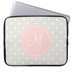 Capa Para Notebook Monograma Personalizado Rosa das Bolinhas de Cinza