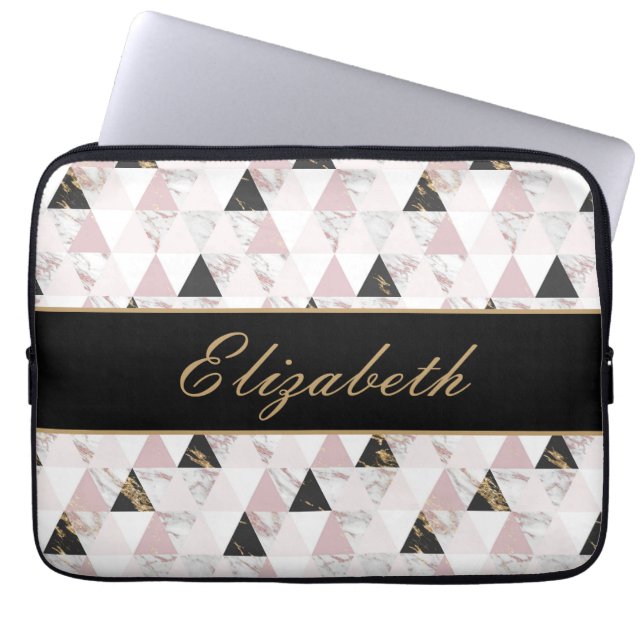 Capa Para Notebook Monograma Pink Gold Preto Branco Mármore Geométric (Frente)