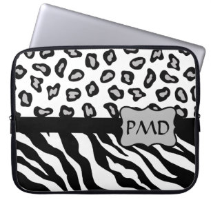 Capa Para Notebook Monograma preto, branco & cinzento da pele da