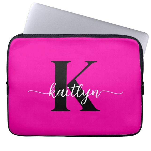 Capa Para Notebook Monograma Preto Rosa Quente (Frente)