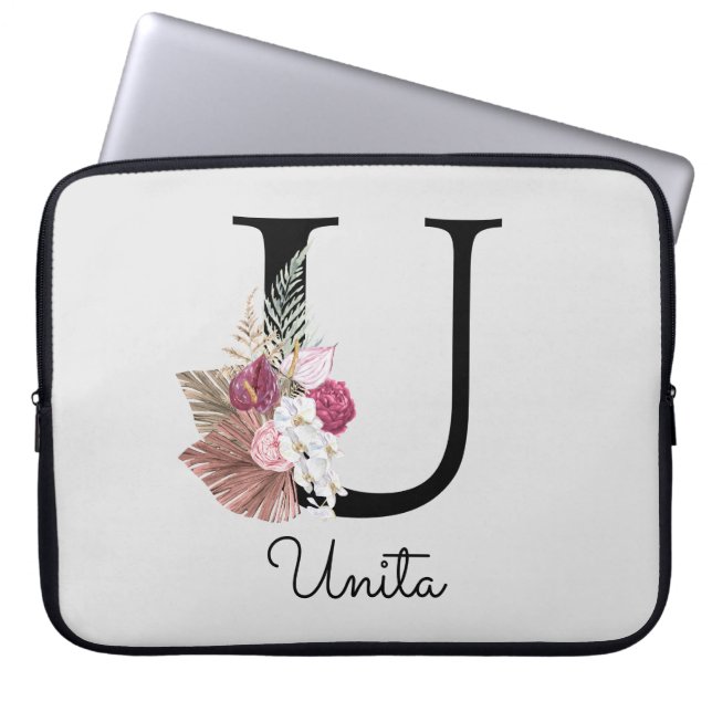 Capa Para Notebook Monograma Rosa Boho Floral Feminino Inicial U (Frente)