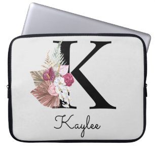 Capa Para Notebook Monograma Rosa Boho Girly Floral Inicial K