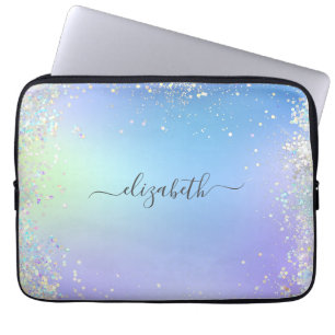 Capa Para Notebook Monograma Script Rainbow Glitter Blue Purple 