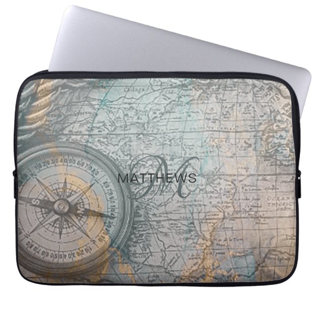 Capa Para Notebook Monograma Vintage Map Compass (Frente)