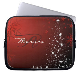 Capa Para Notebook Monograma White Stars Tree Flocos de Neve Vermelha