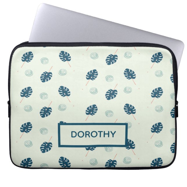 Capa Para Notebook Monstera tropical deixa monograma em azul (Frente)