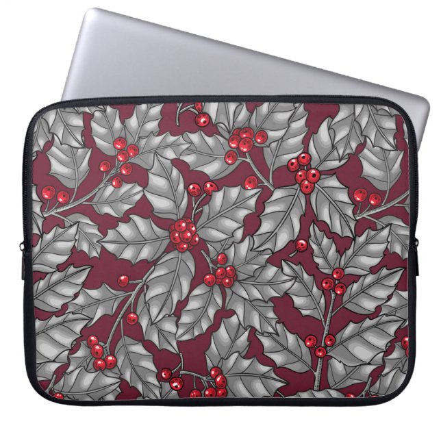 Capa Para Notebook Morango Holly, folhas de cinza em vermelho escuro (Frente)