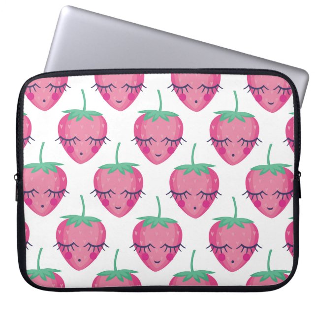 Capa Para Notebook Morangos adormecidos sorrindo, padrão fofo. (Frente)