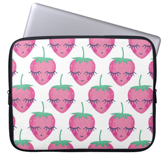 Capa Para Notebook Morangos adormecidos sorrindo, padrão fofo. (Frente)