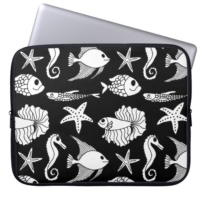 Capa Para Notebook Motif De Peixe: Padrão Branco Preto. (Frente)