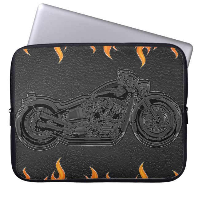 Capa Para Notebook Moto de couro preto chamas laranja fogo quente (Frente)