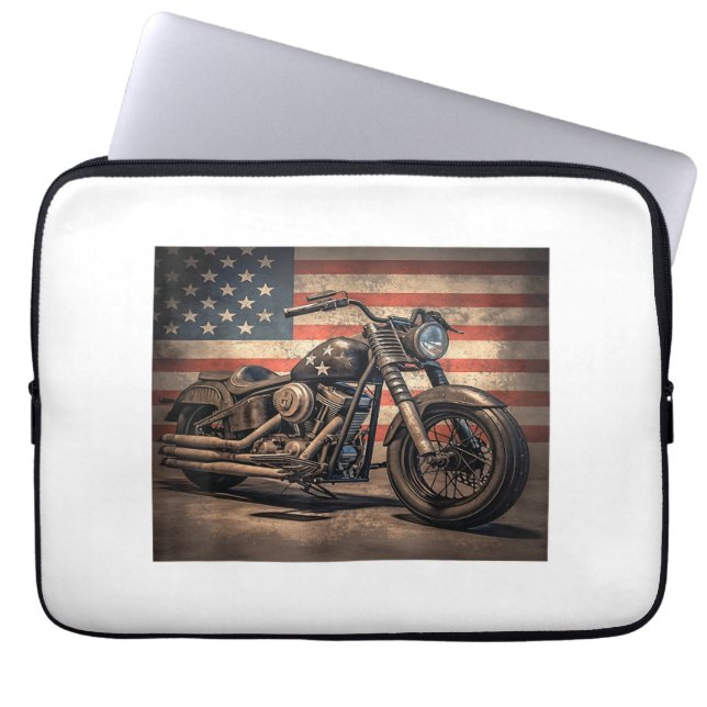 Capa Para Notebook Motocicleta Bandeira EUA Retro Biker (Frente)