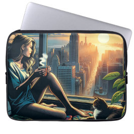 Capa Para Notebook Mulher Bebendo Café ao Nascer do Sol na Cidade