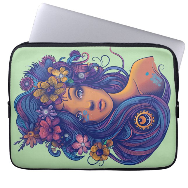 Capa Para Notebook Mulher Boho Fantasy com Cabelo Floral (Frente)