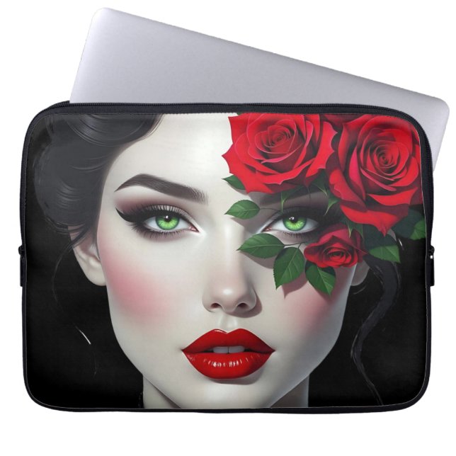 Capa Para Notebook Mulher Bonita com Rosa Vermelha (Frente)
