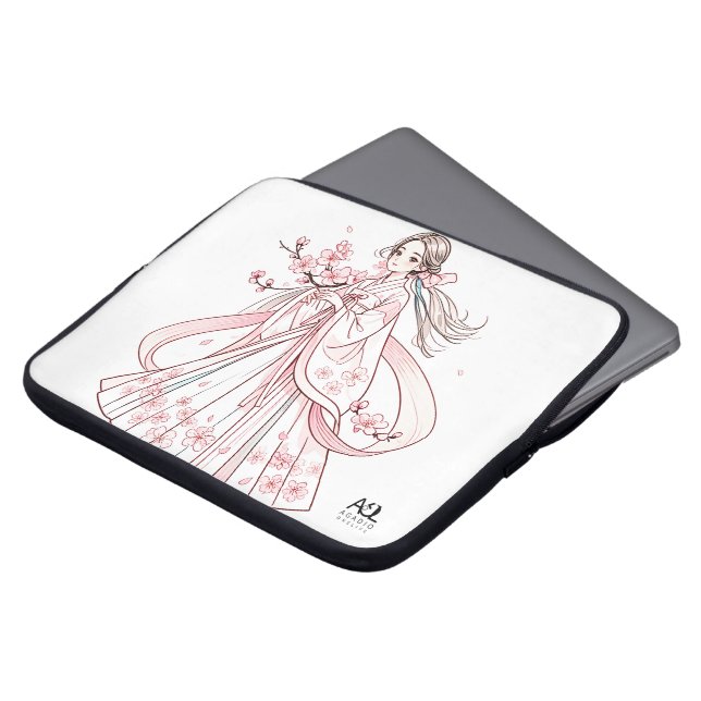 Capa Para Notebook Mulher coreana em Hanbok com Eletrônicos de cereja (Frente Topo)