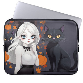 Capa Para Notebook Mulher de anime com gato preto.