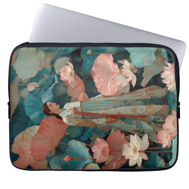 Capa Para Notebook Mulher Elegante de Hanbok no Jardim de Lótus Rosa (Frente)