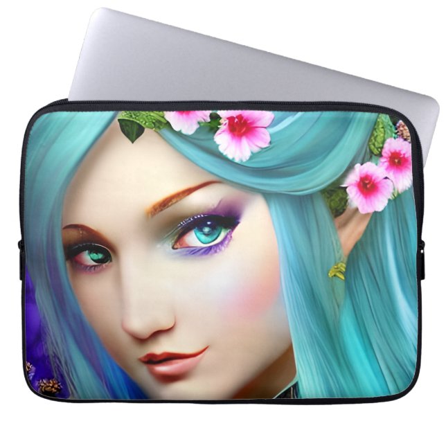 Capa Para Notebook Mulher Etérea Azul com Flores (Frente)