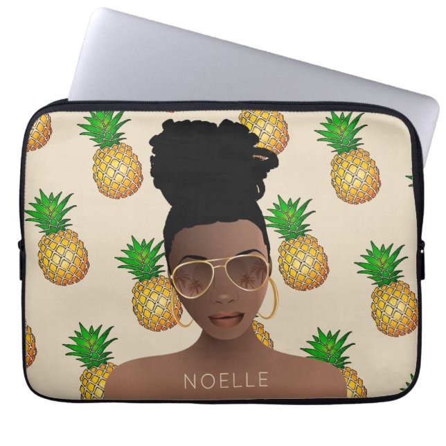 Capa Para Notebook Mulher Negra, Matilhas Douradas, Padrão de Abacaxi (Frente)