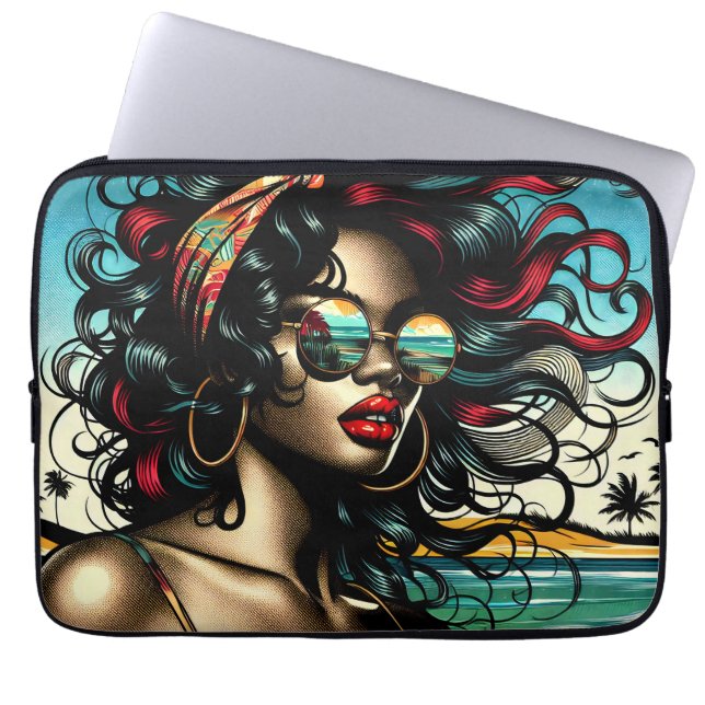 Capa Para Notebook Mulher Retro na Praia Estilo Cômico Pop Art (Frente)