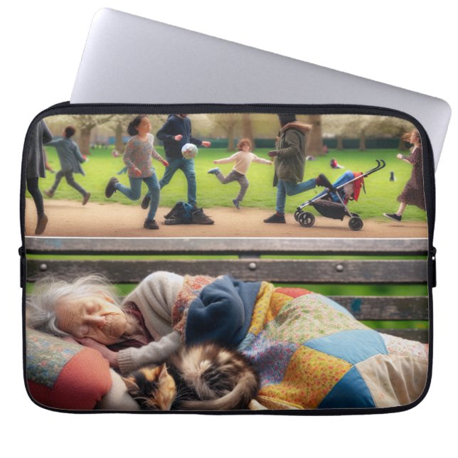 Capa Para Notebook Mulher Sem-Teto Dormindo em um Banco do Parque (Frente)