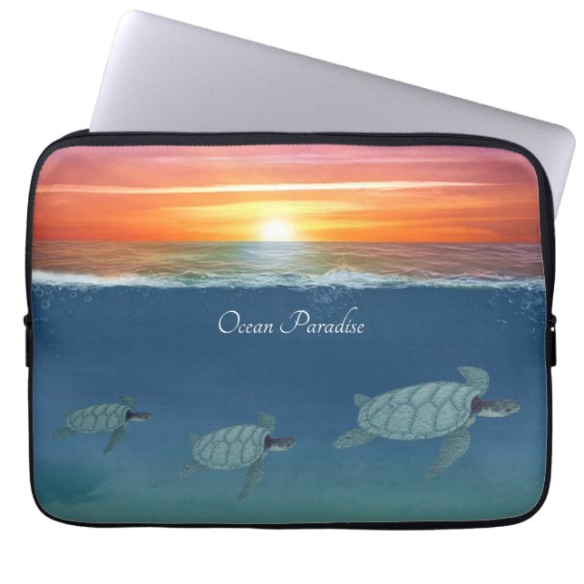Capa Para Notebook Nascer do sol no oceano e tartarugas marinhas nada (Frente)