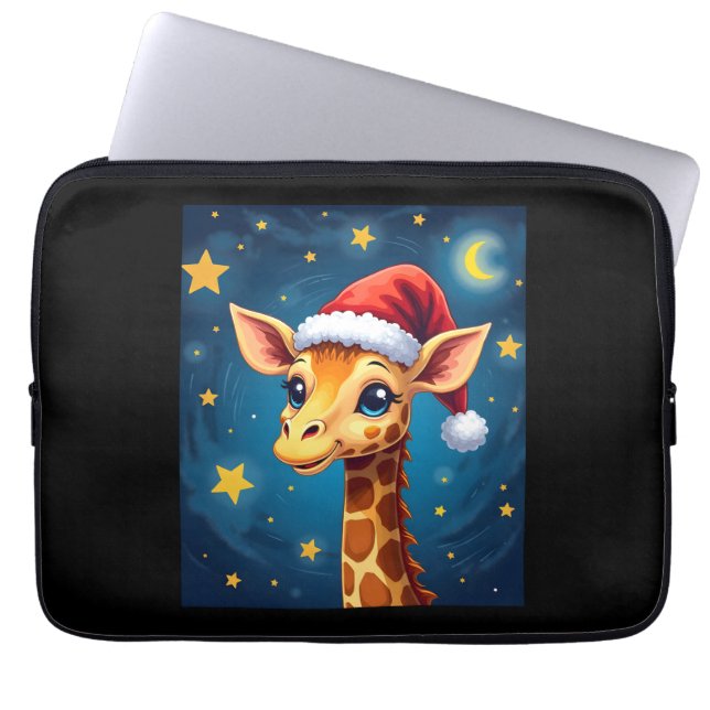 Capa Para Notebook Natal Girafa Santa Hat Feriado da Noite Estrelada  (Frente)