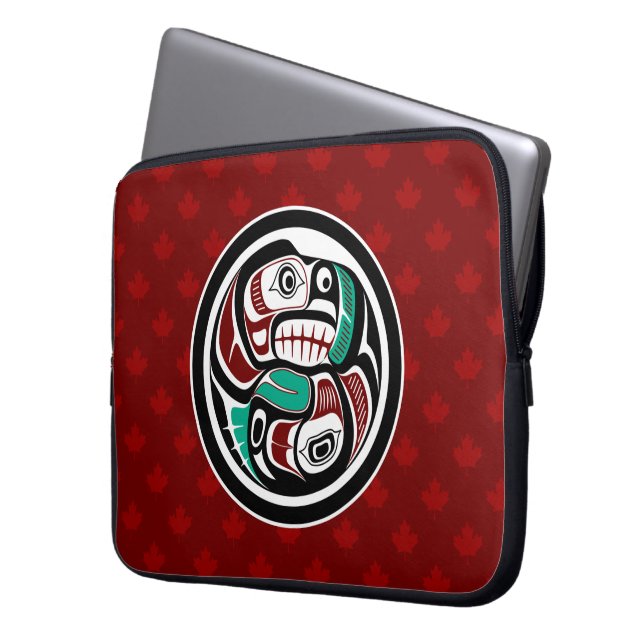 Capa Para Notebook Nativo Americano Vermelho Negro Haida Art Salmão (Frente Esquerda)