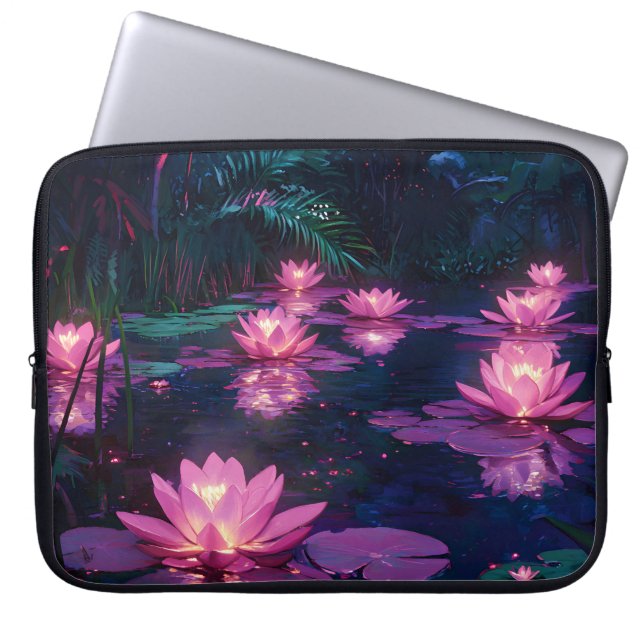 Capa Para Notebook Natureza Zen da Meia-Noite com Lírio Rosa (Frente)