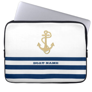 Capa Para Notebook Náutico, Âncora Dourada  Azul Marinho Listras Bran