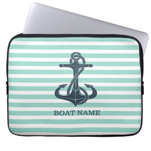 Capa Para Notebook Náutico, Âncora, Listras Verde Menta