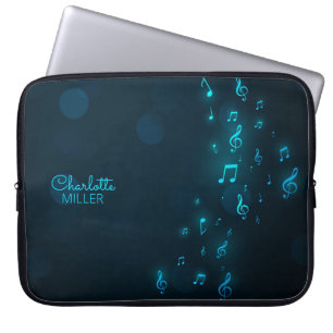 Capa Para Notebook Neon Blue Music Notes e nome personalizado