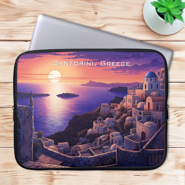 Capa Para Notebook Noite na Pintura da Ilha de Santorini | Viagem Art (Night at Santorini Island Painting | Travel Art Laptop Sleeve)