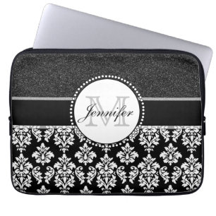 Capa Para Notebook Nome branco do monograma do damasco do brilho