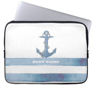 Capa Para Notebook Nome de Barco Náutico,Âncora,Corda,Listras Azul Cl