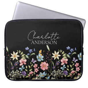 Capa Para Notebook Nome de Flor Silvestre de Aquarela Preta Monograma