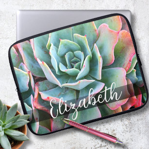 Capa Para Notebook Nome do Monograma Mint Green Pink Cactus Photo Mod