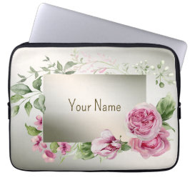 Capa Para Notebook Nome do Monograma Moldura Floral Cor de Água Rosa 